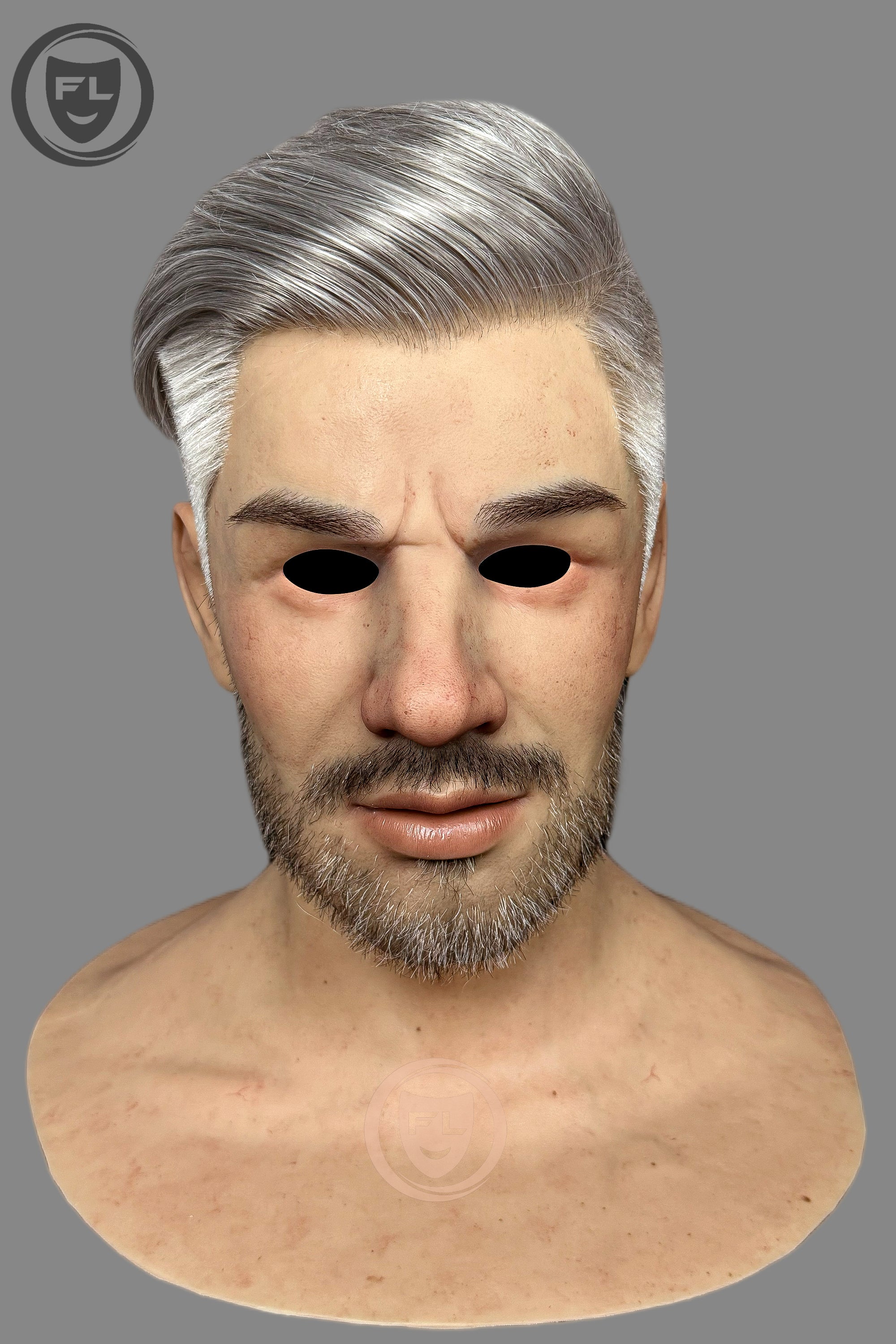Full head silver hair silicone mask close view