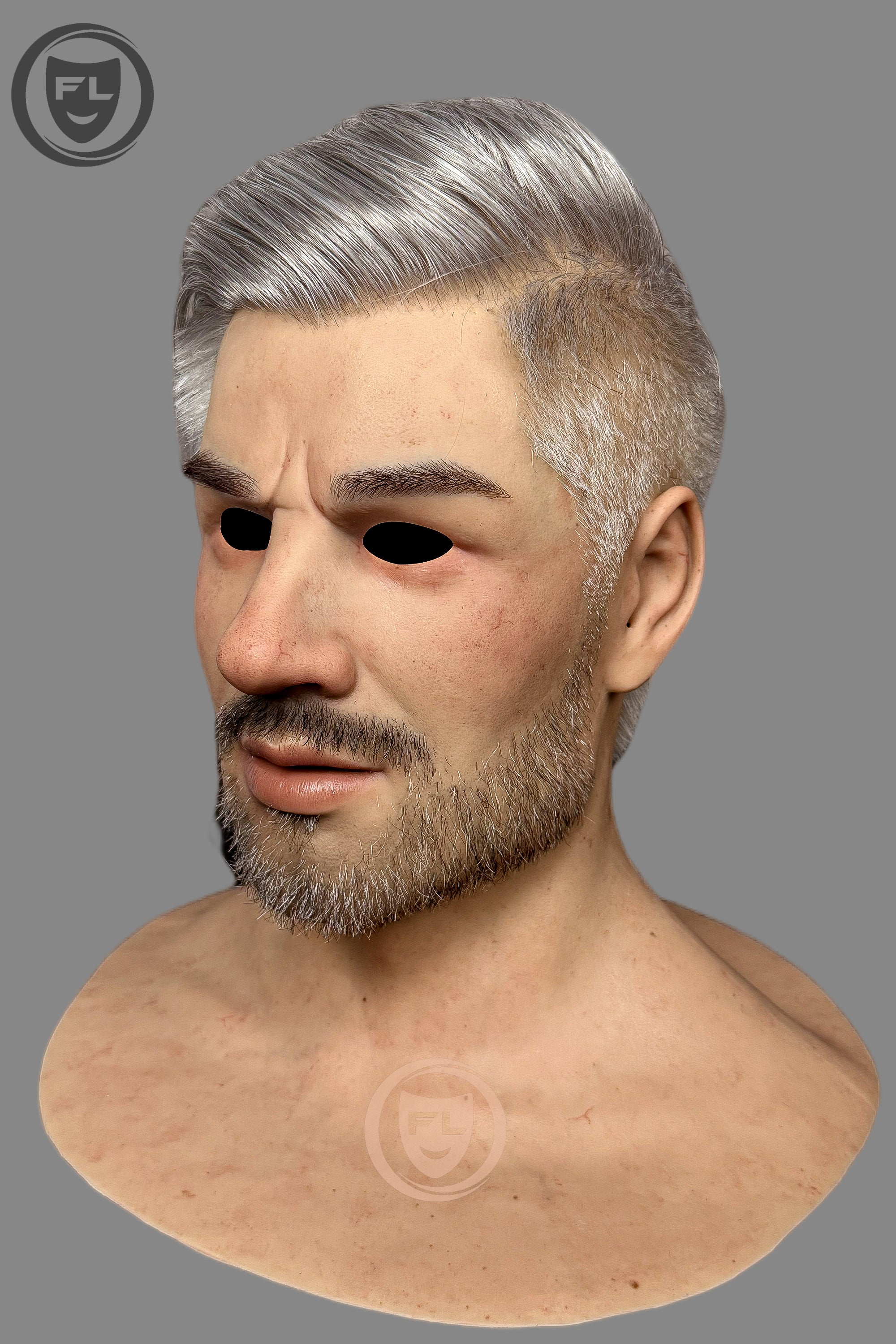 Ultra realistic silver hair male mask angle view