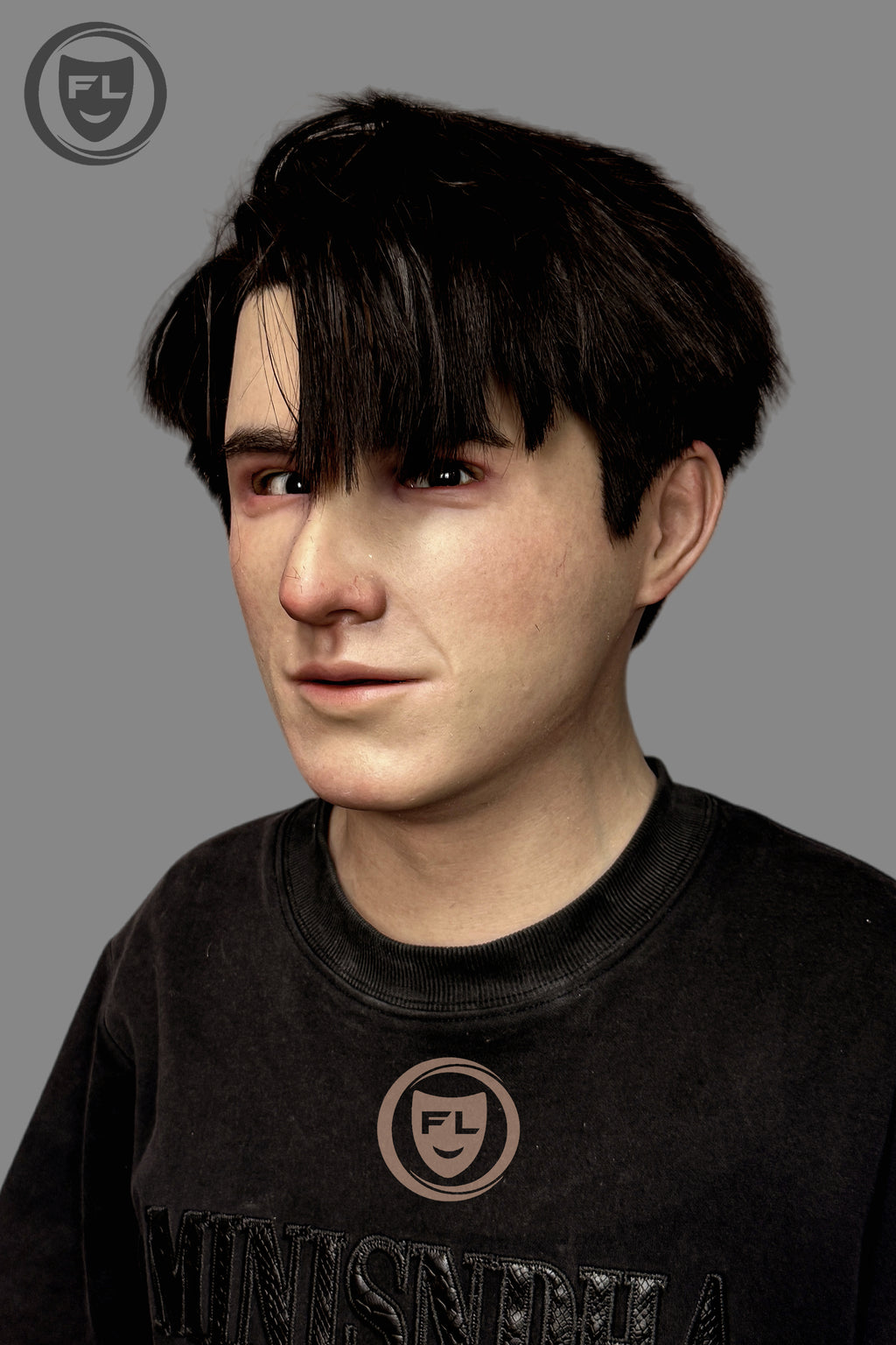 Young male silicone mask left side angle
