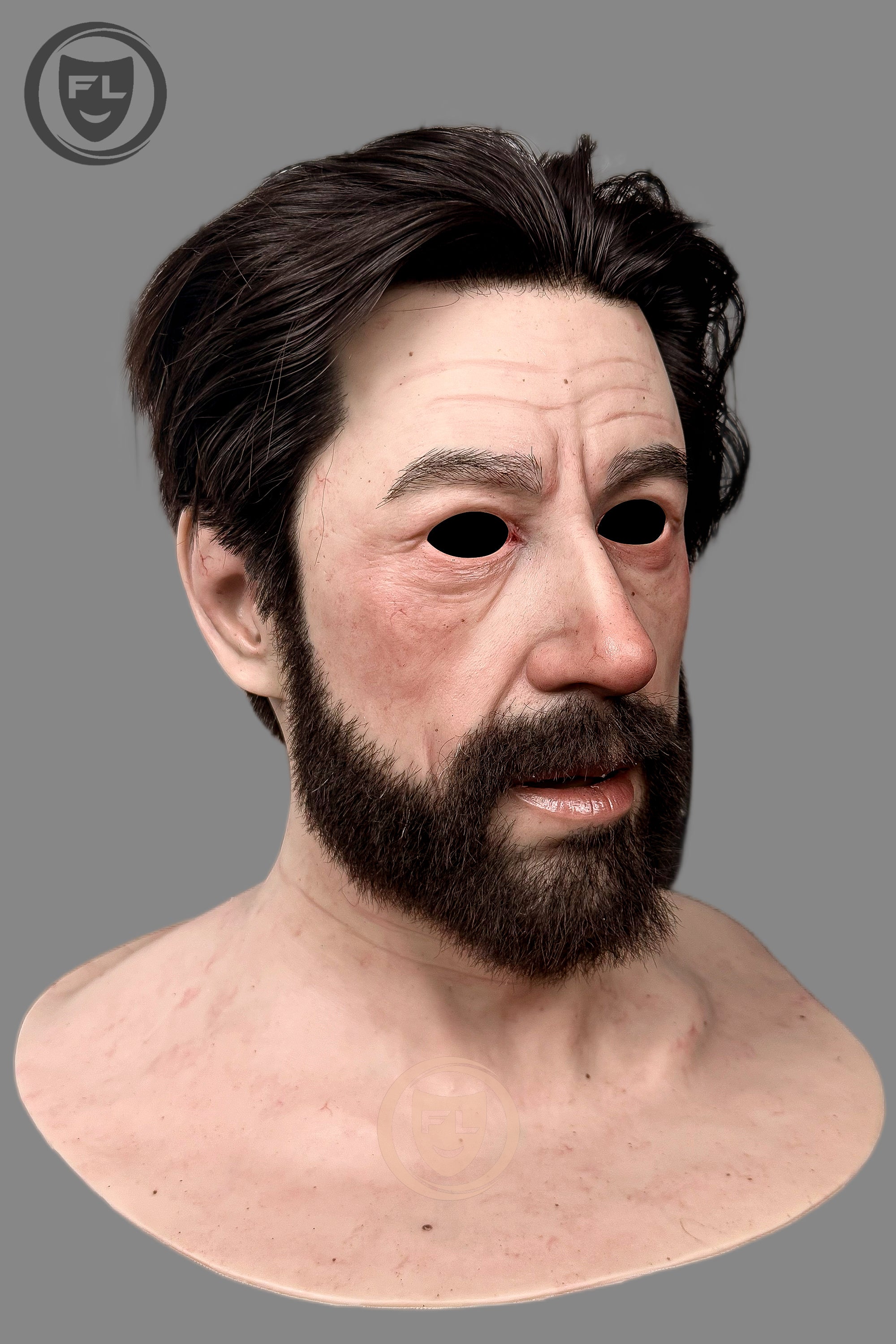 Bearded male disguise silicone mask side angle