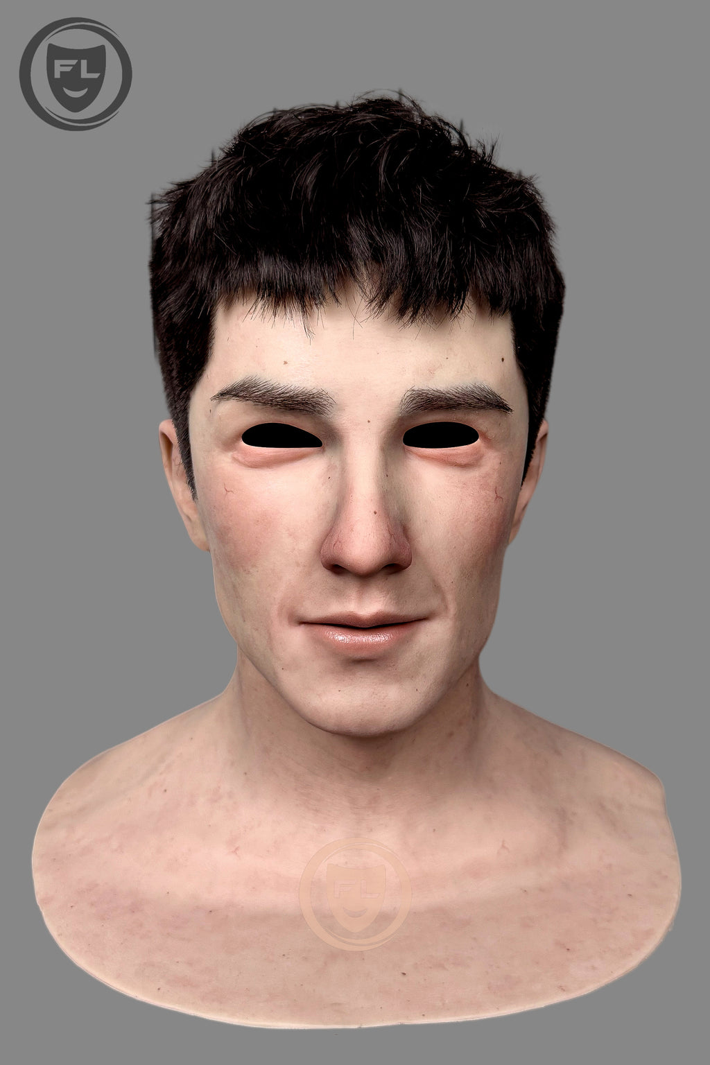 Full head young male silicone mask close-up