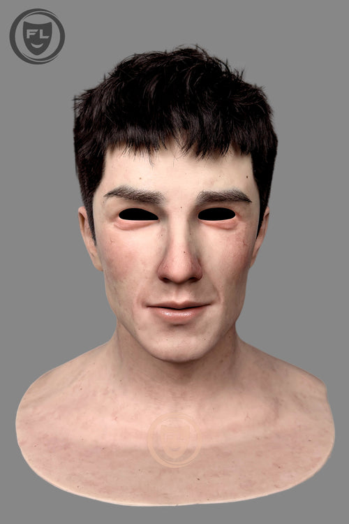 Full head young male silicone mask close-up