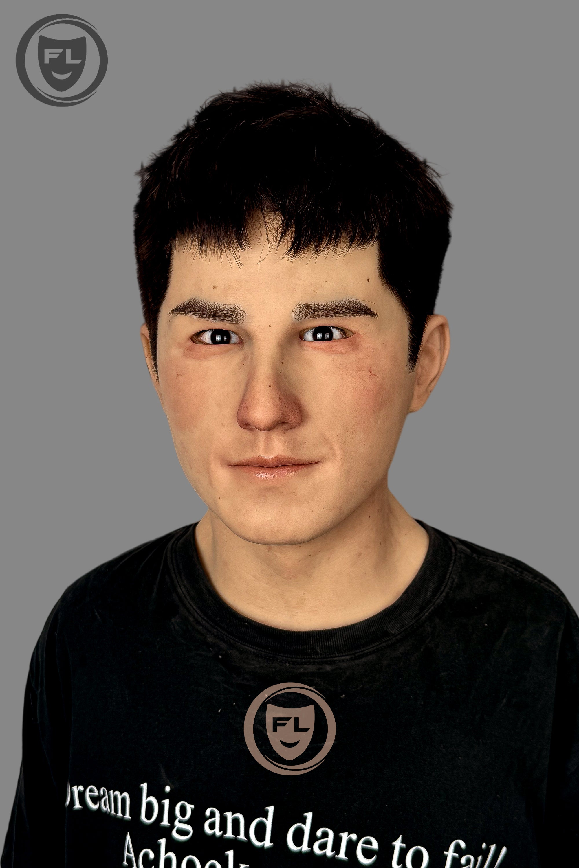 Young male silicone mask wearable front view