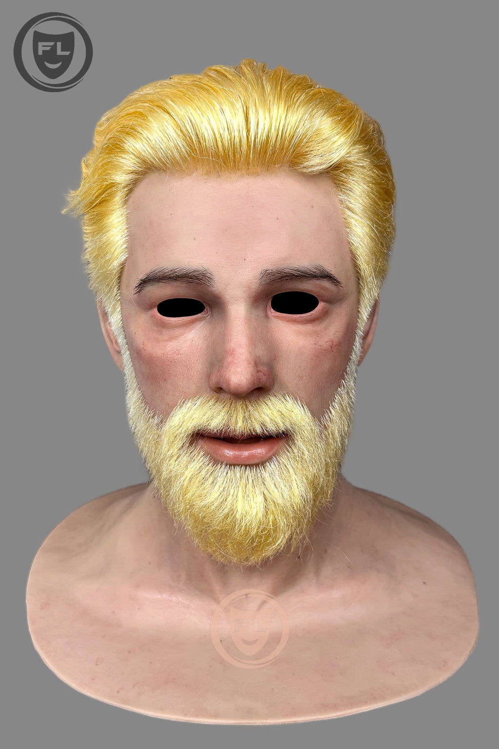Realistic blond beard silicone mask close-up