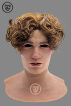 Young male silicone mask front view with curly hair