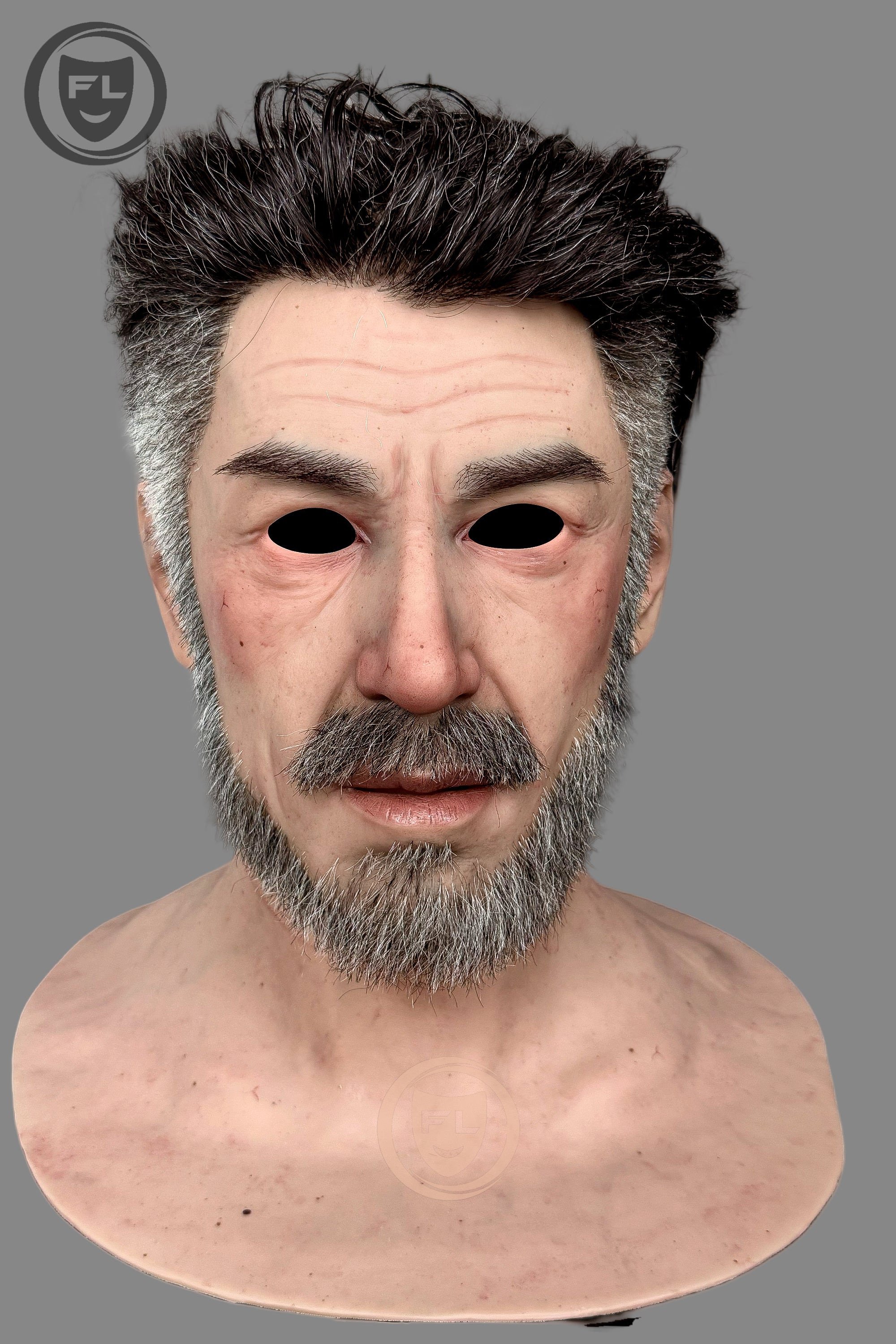 Realistic male silicone mask close-up
