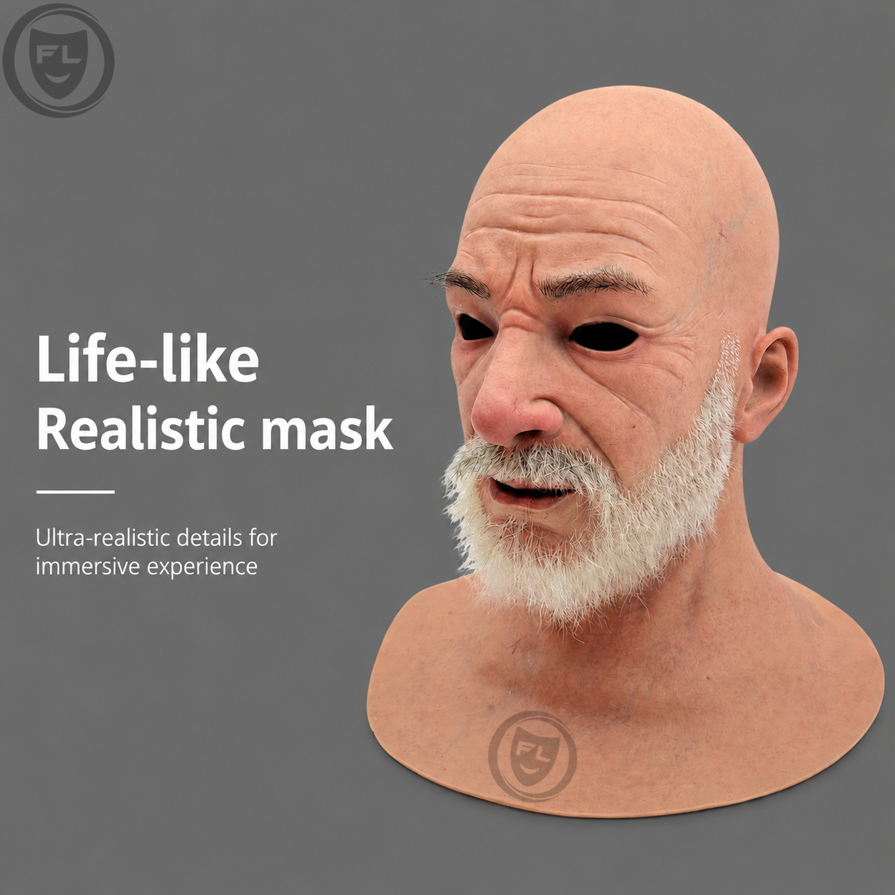 full head silicone mask right side profile with white beard