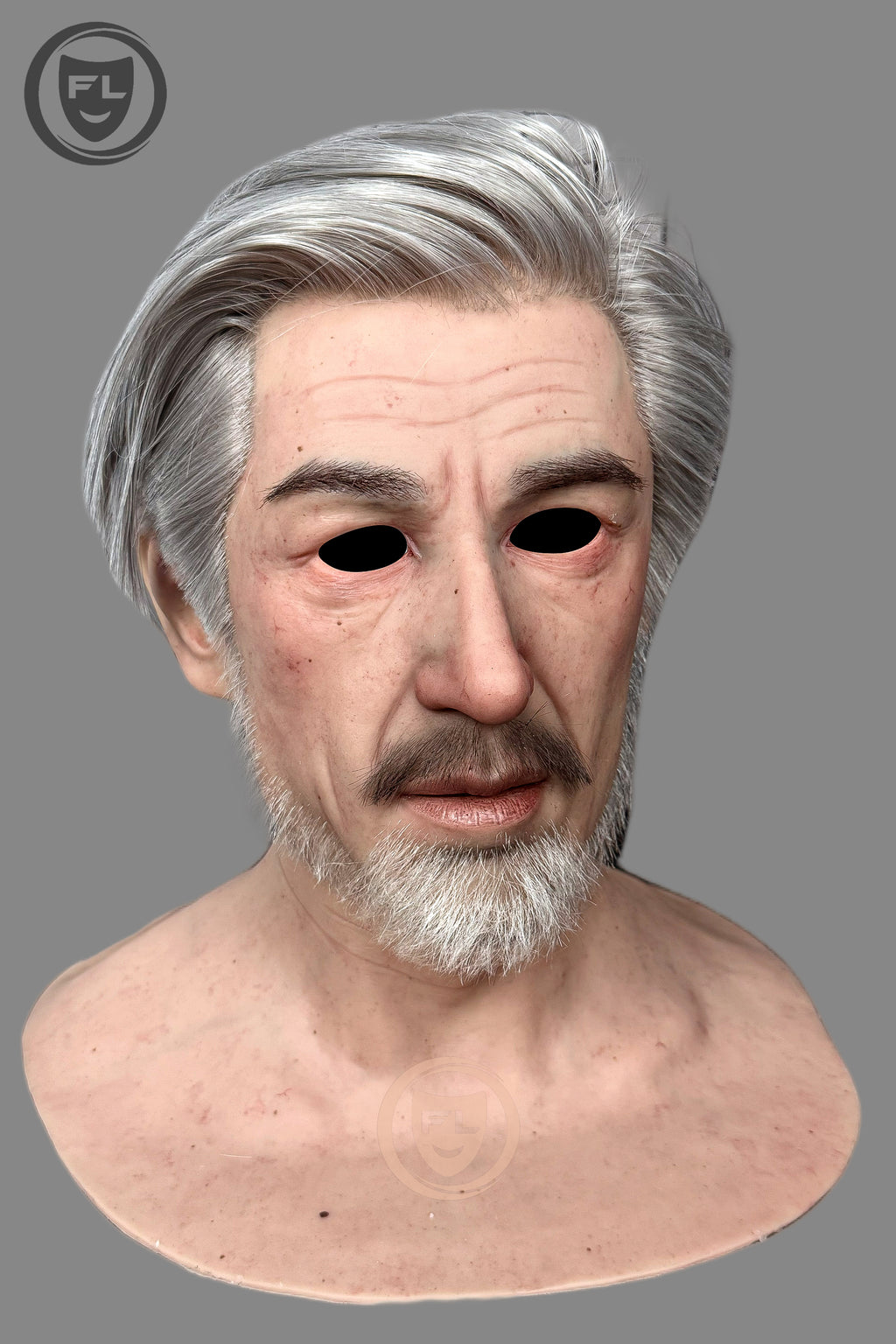 Realistic mature male silicone mask close-up