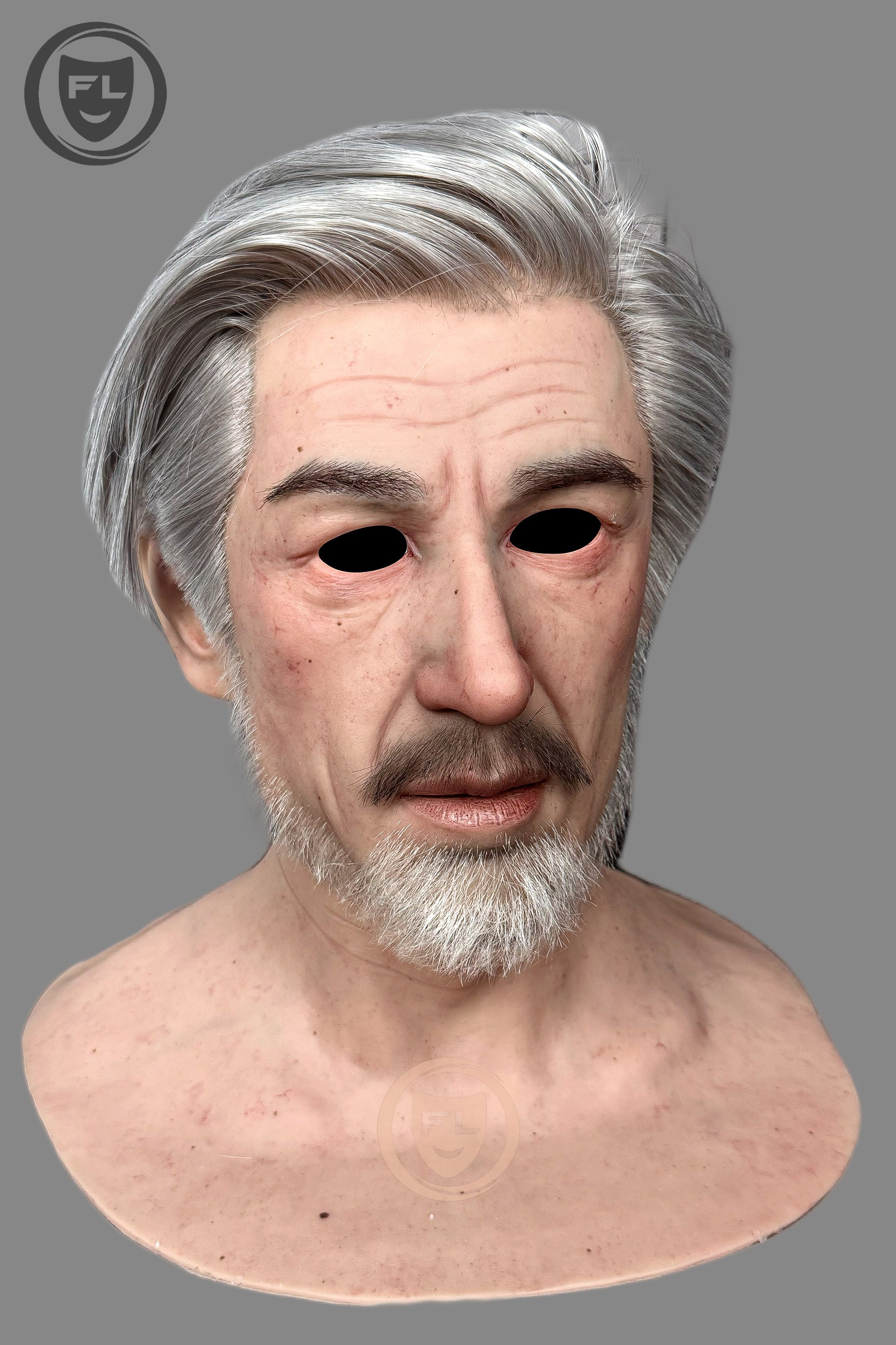 Realistic mature male silicone mask close-up