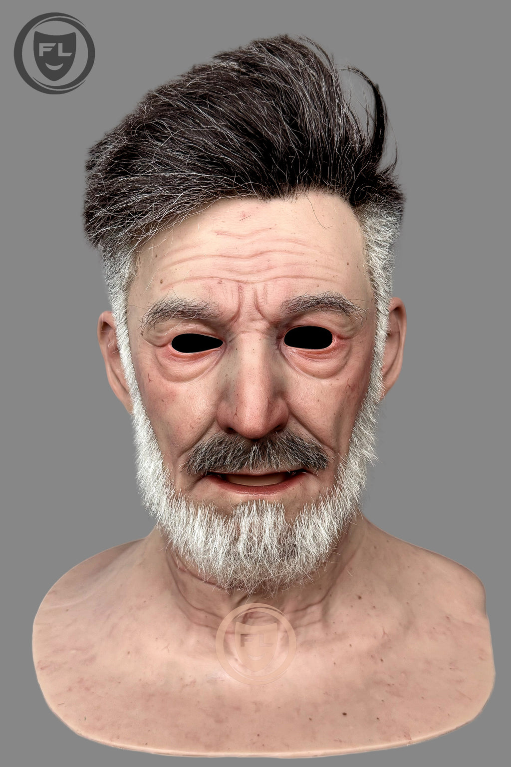 Realistic elderly male silicone mask close-up