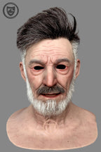 Realistic elderly male silicone mask close-up