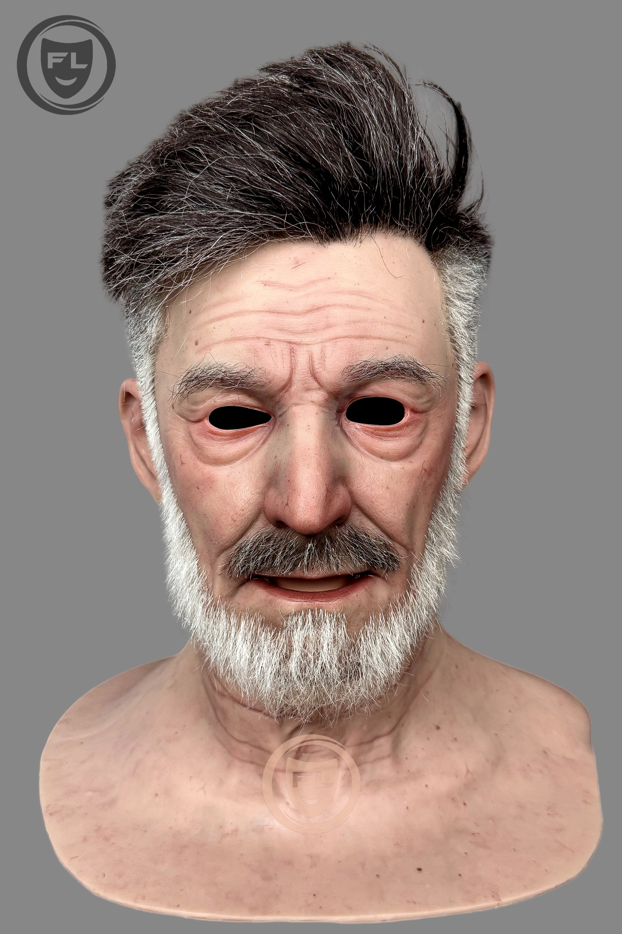 Realistic elderly male silicone mask close-up