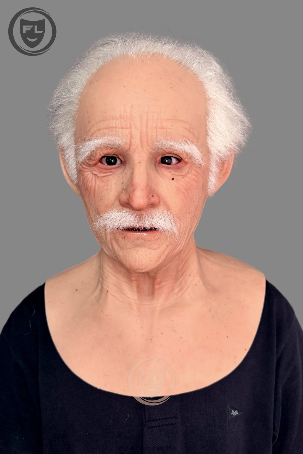white hair elderly silicone mask worn front view