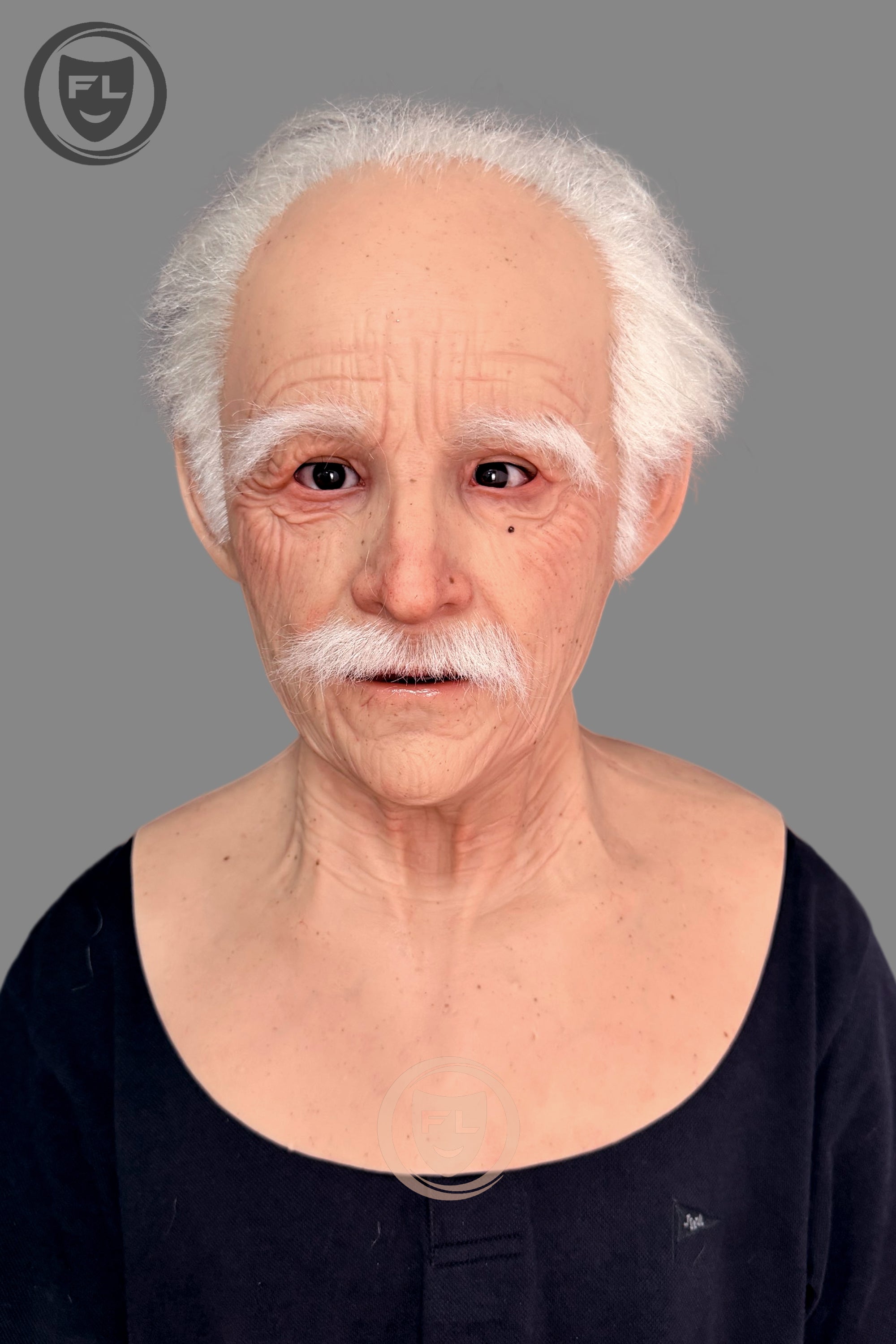 white hair elderly silicone mask worn front view