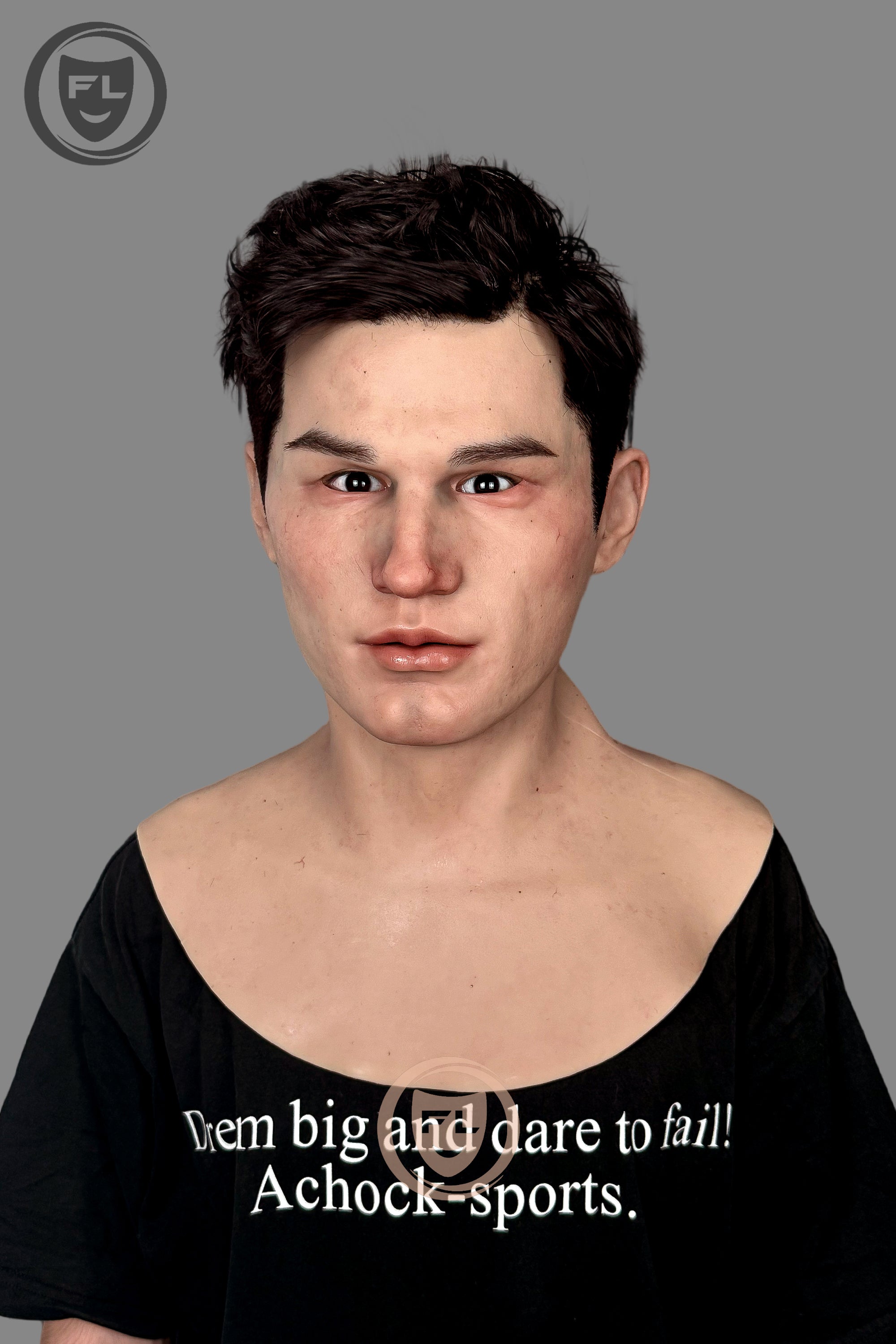 Young male silicone mask front view