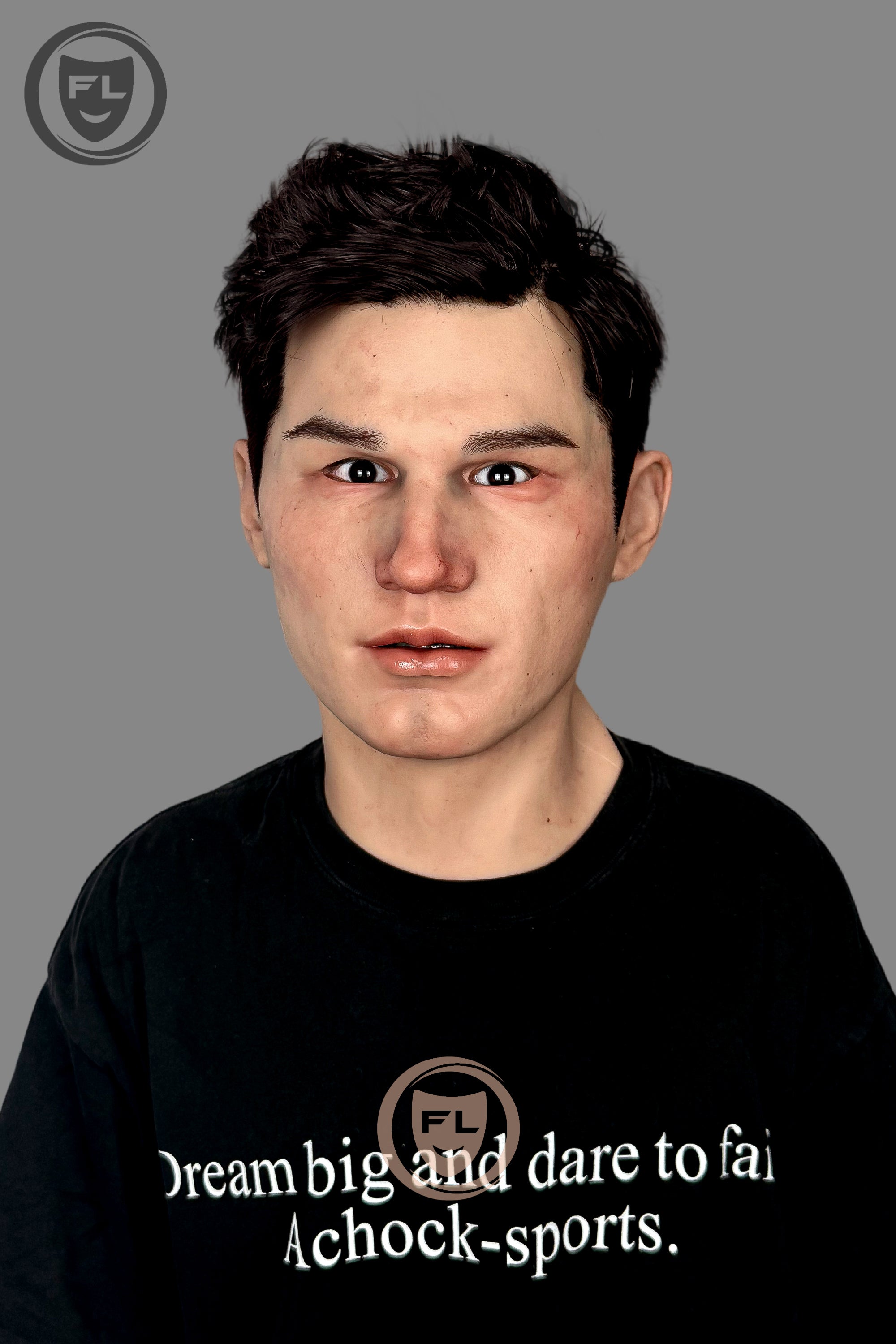 Young male silicone mask wearable front view