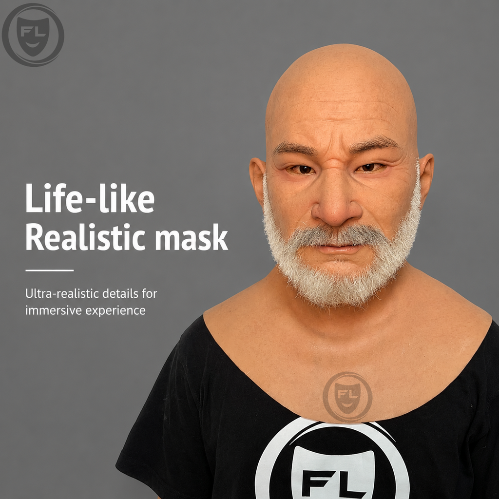 realistic old man silicone mask worn front view