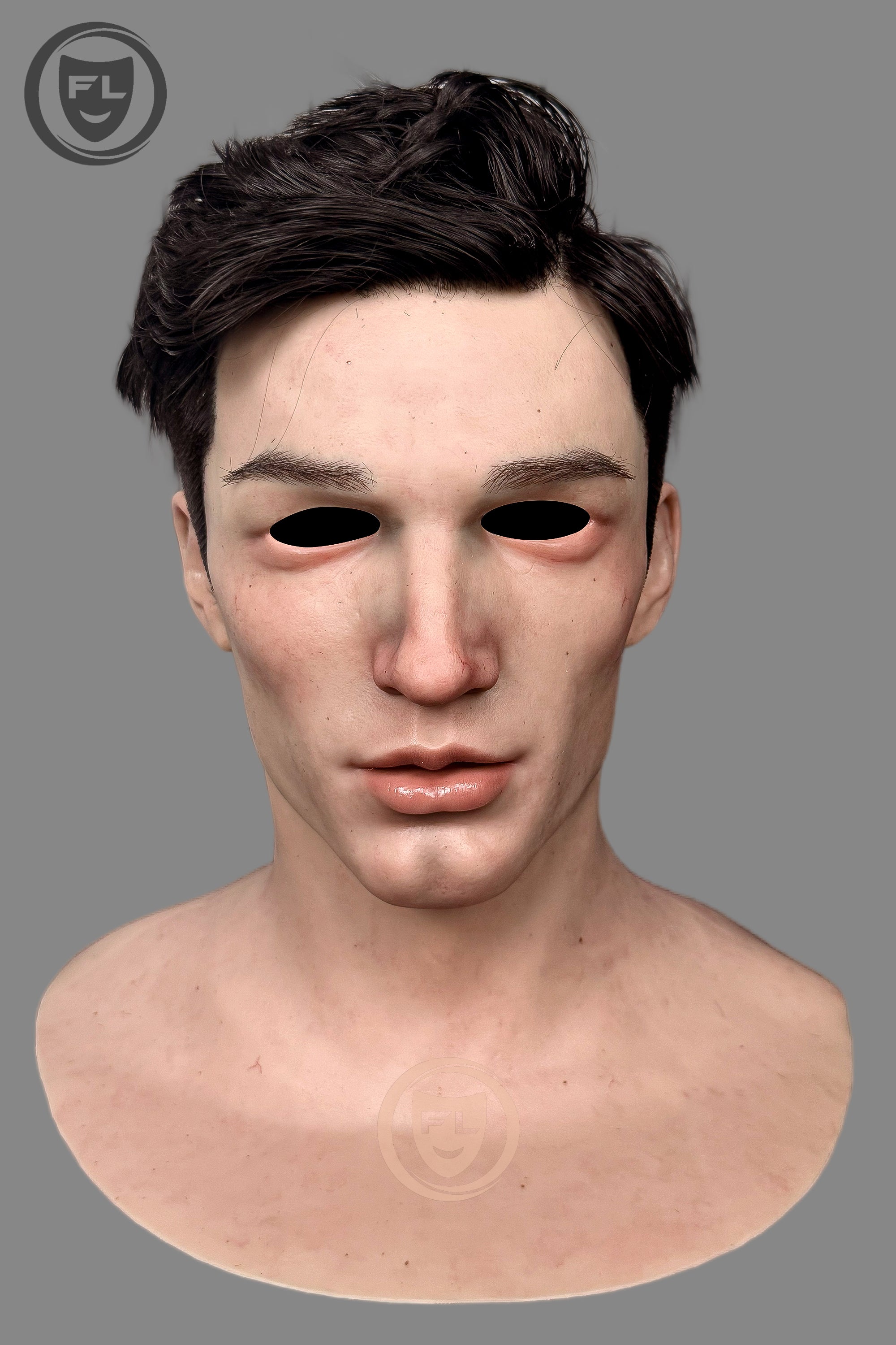 Realistic young male silicone mask close-up