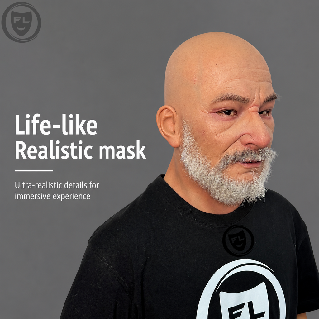 realistic old man silicone mask worn side view