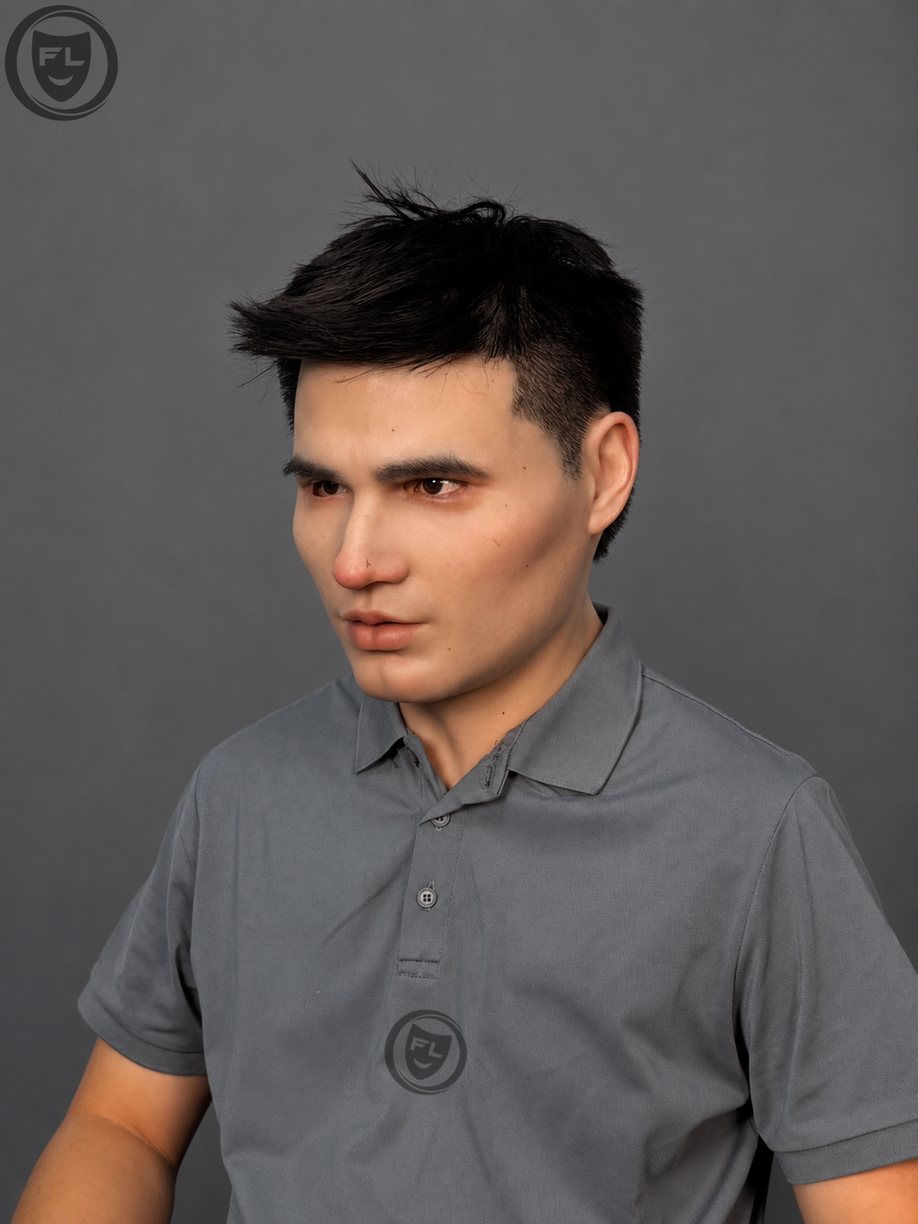 realistic young male silicone mask three quarter side view