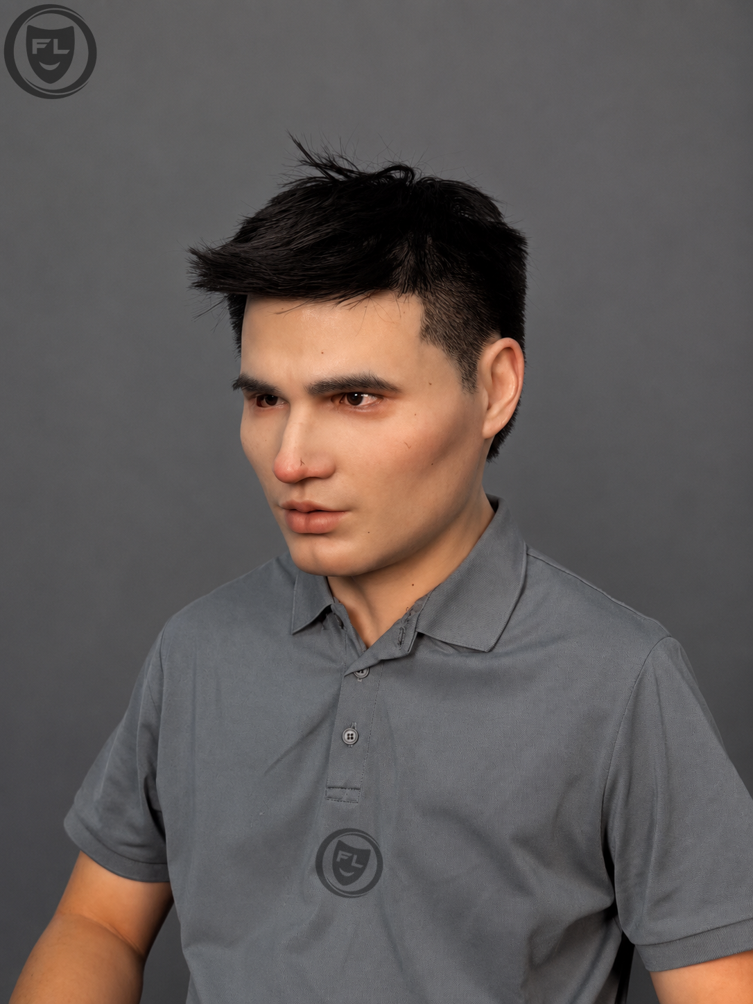 Young male full head silicone mask with black hair left side view showing realistic face contours