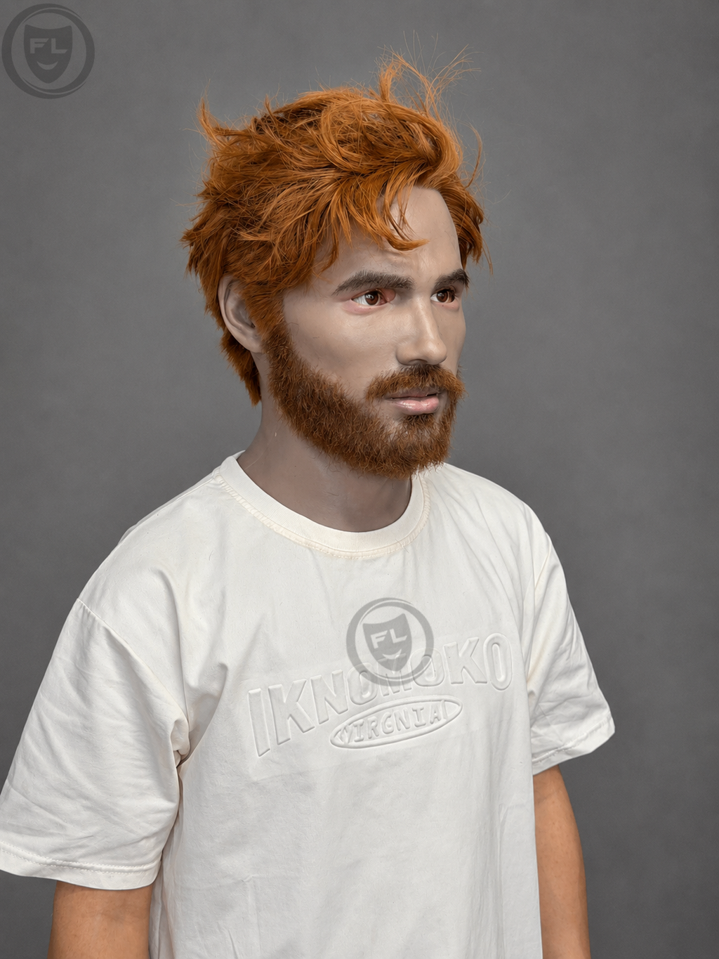 ginger hair movie prop mask three quarter worn view