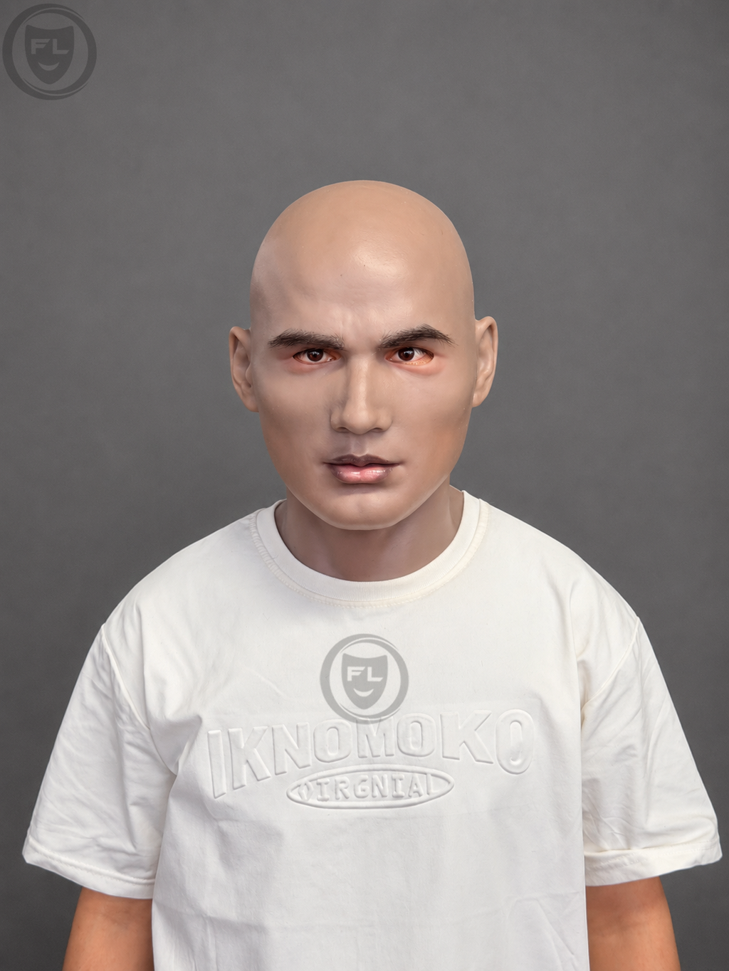 athletic bald silicone mask worn front view