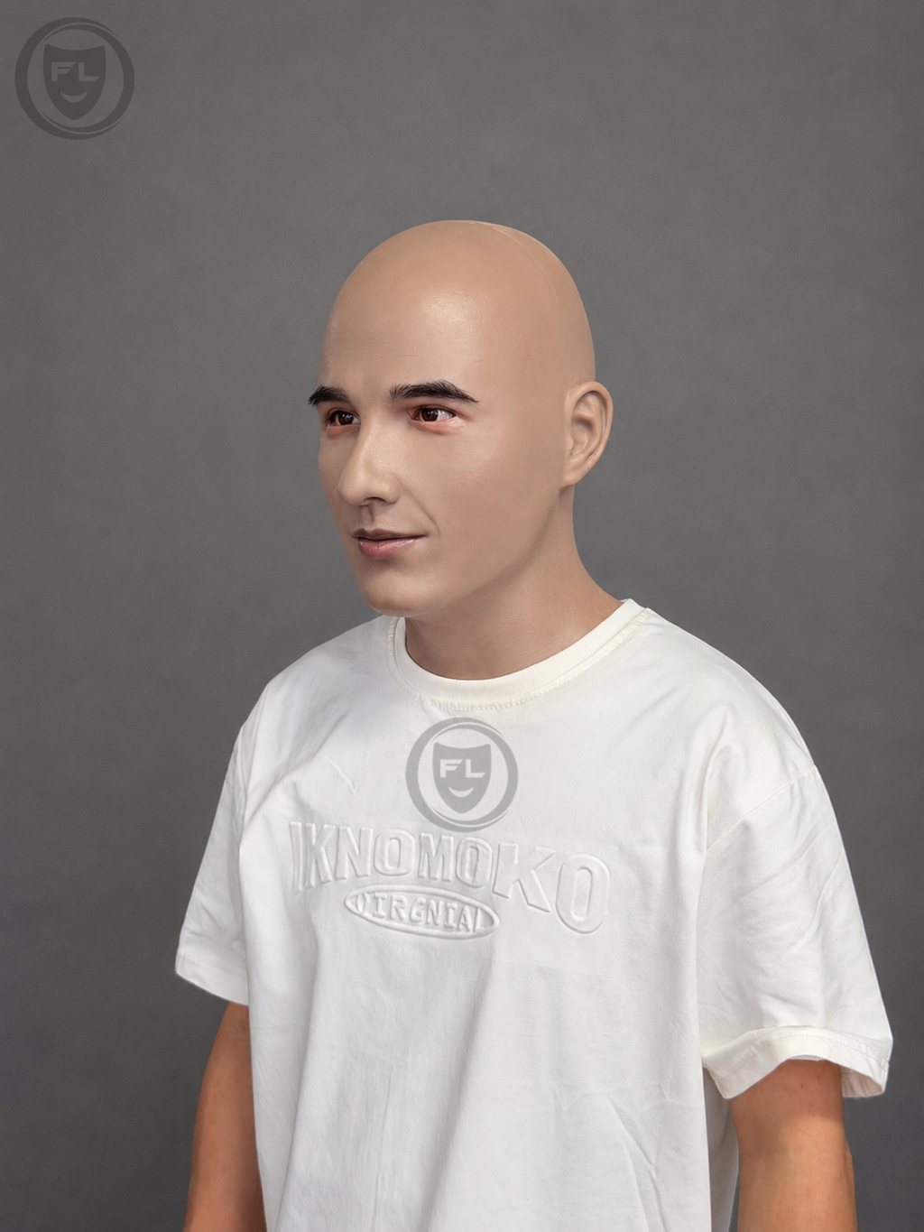 young bald silicone mask three quarter side view