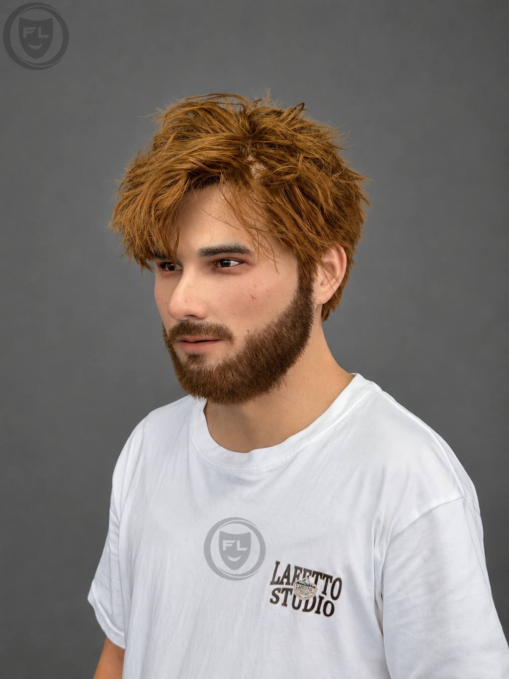 young male brown hair mask three quarter side view