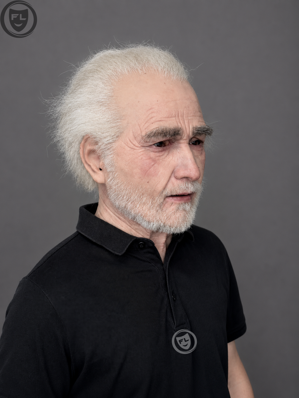 realistic white hair silicone mask worn side view