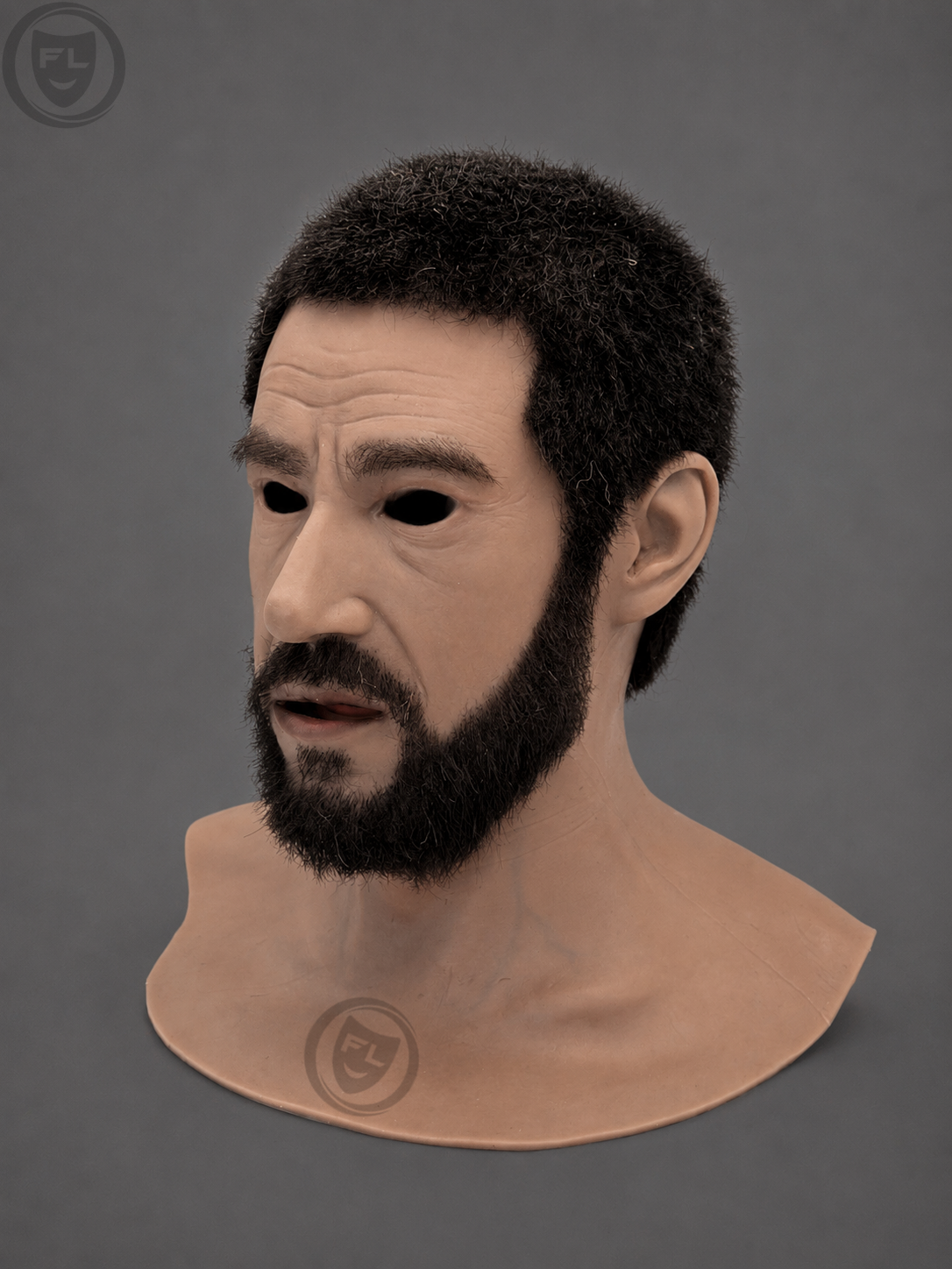 realistic silicone mask right side profile with black beard