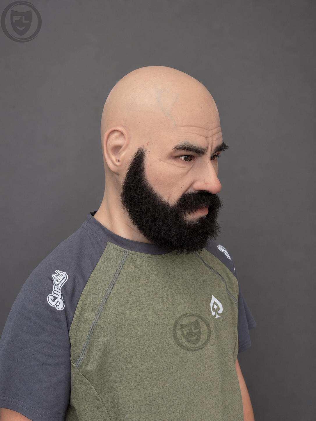 realistic silicone mask worn side view with beard