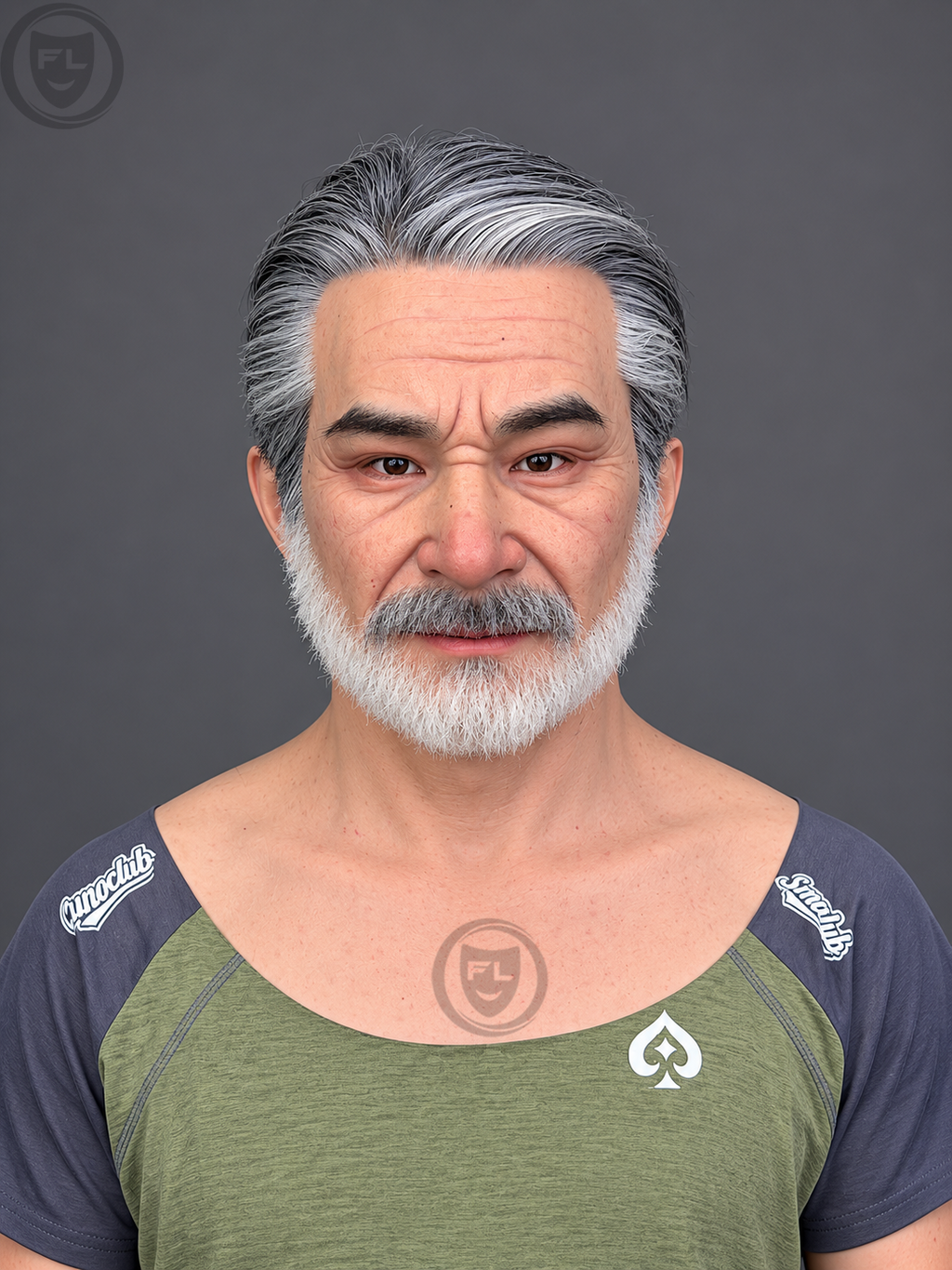 silver hair elderly male silicone mask worn front view