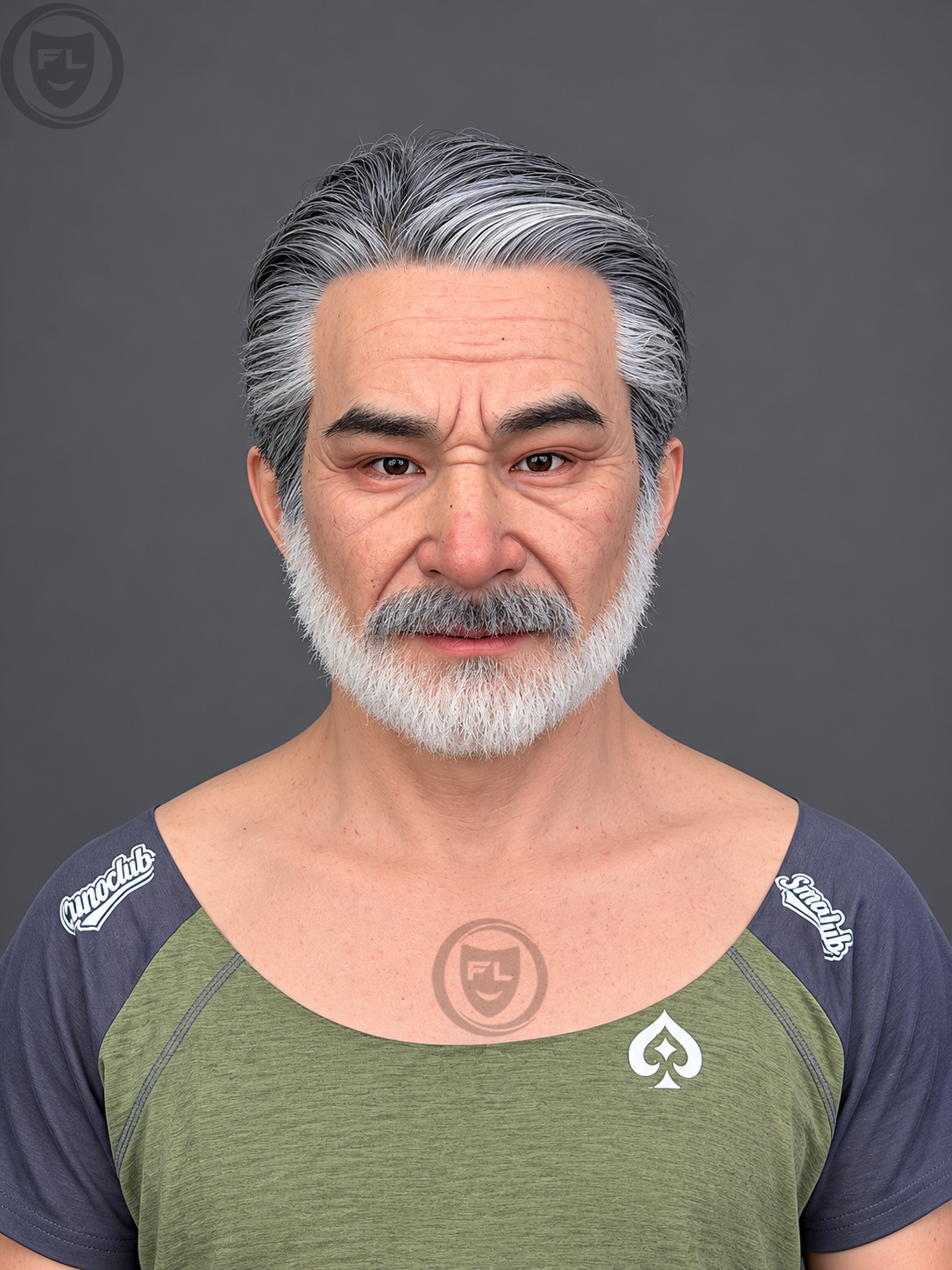 silver hair elderly male silicone mask worn front view