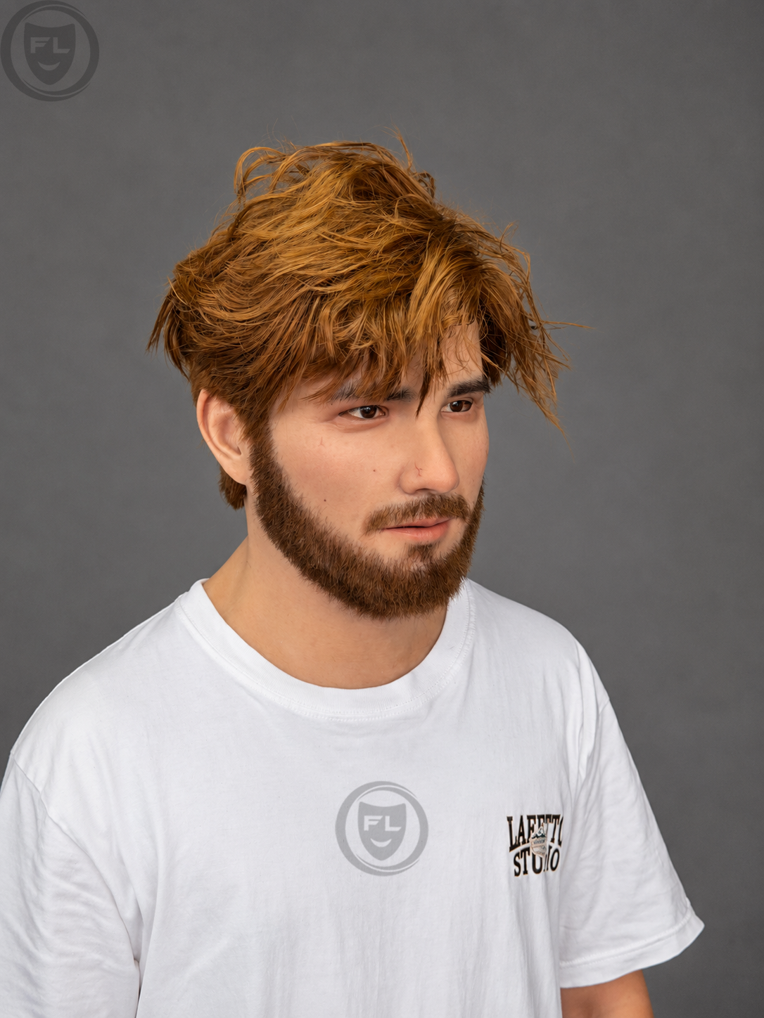 realistic silicone mask worn side view with brown hair