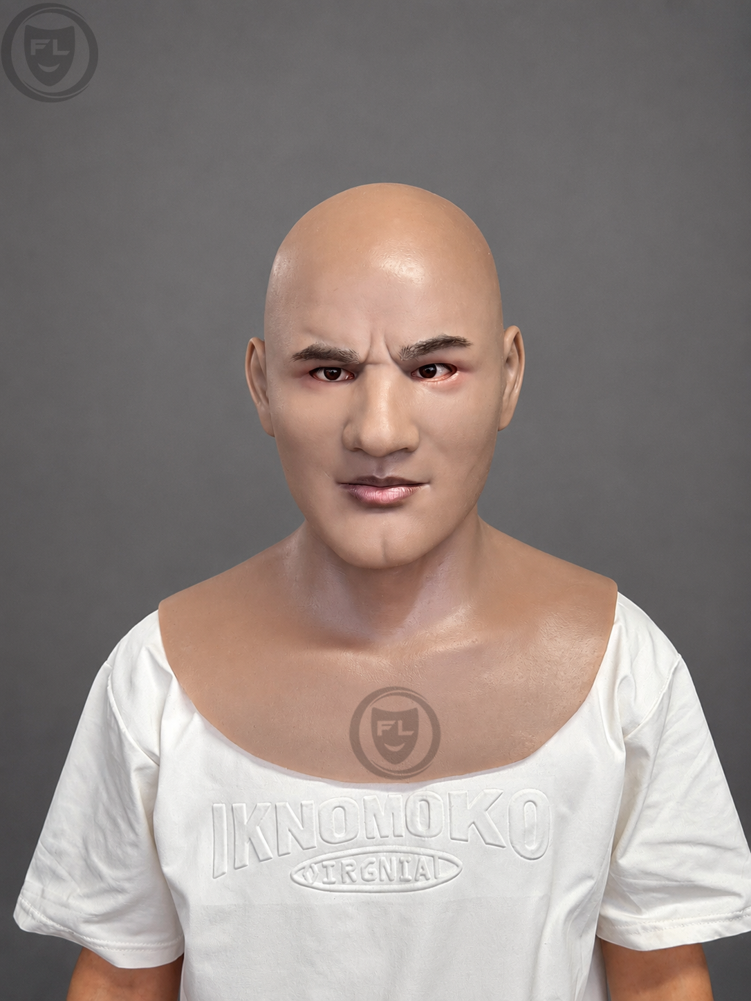 realistic bald male silicone mask worn front view