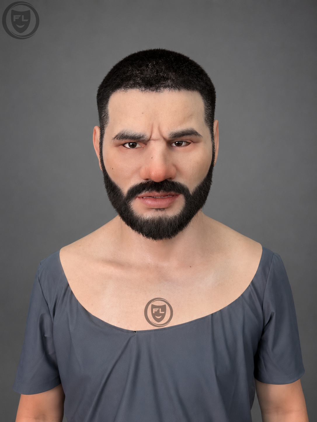 trimmed beard male silicone mask worn front view