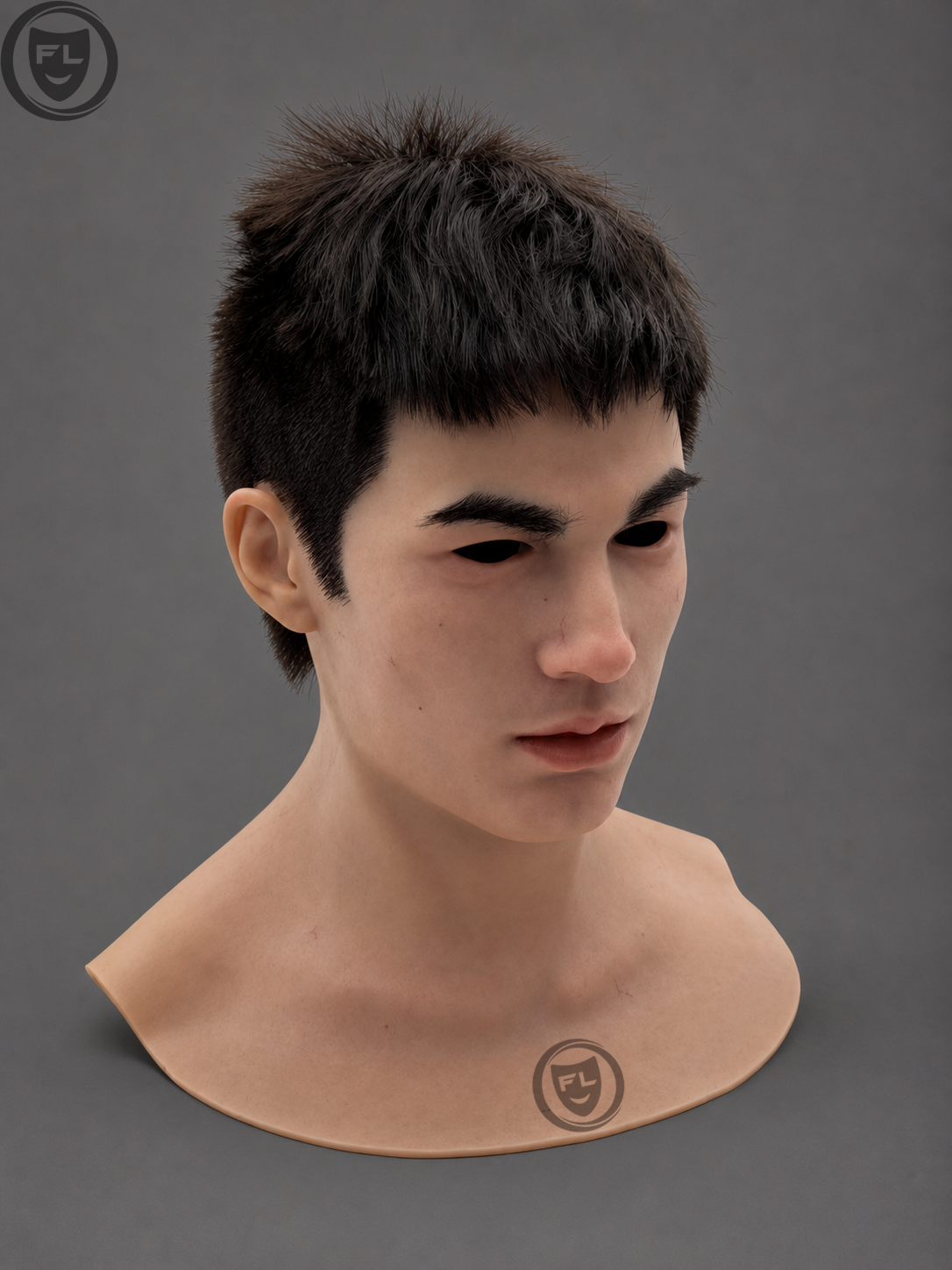 short dark hair movie prop mask left side profile