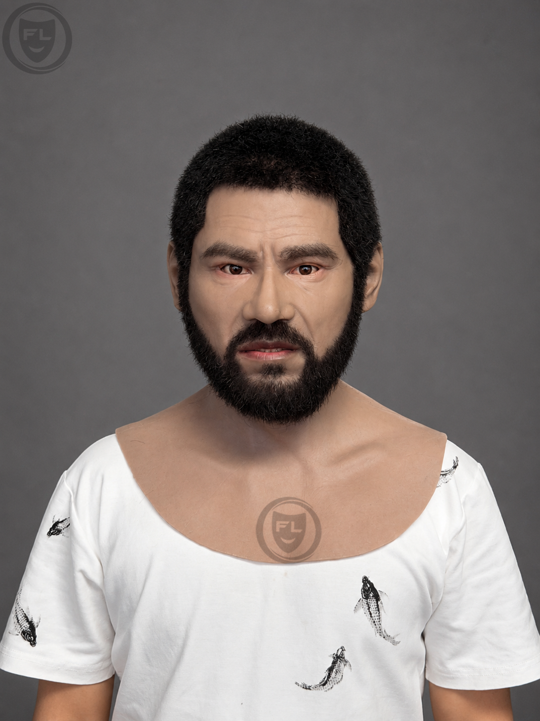realistic bearded male silicone mask worn front view