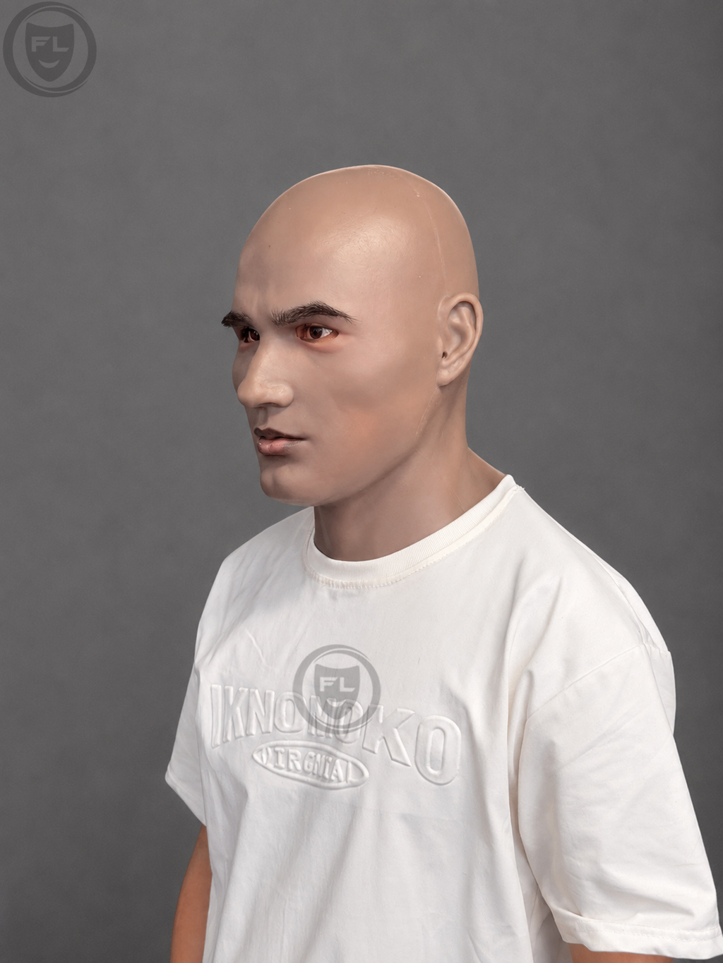 realistic bald silicone mask three quarter side view