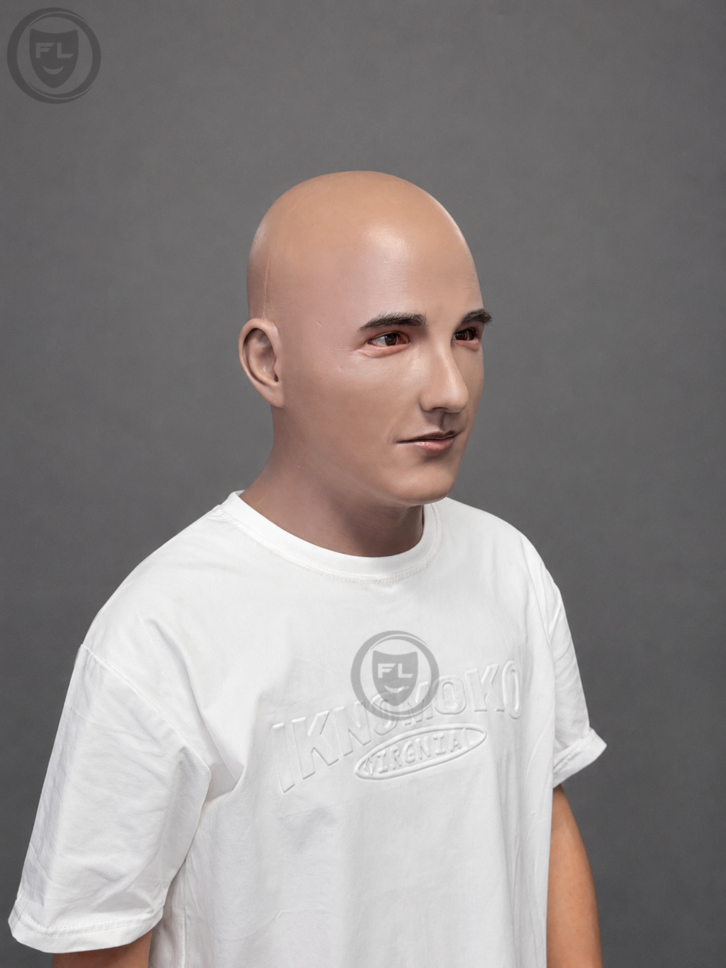 realistic bald silicone mask worn side view