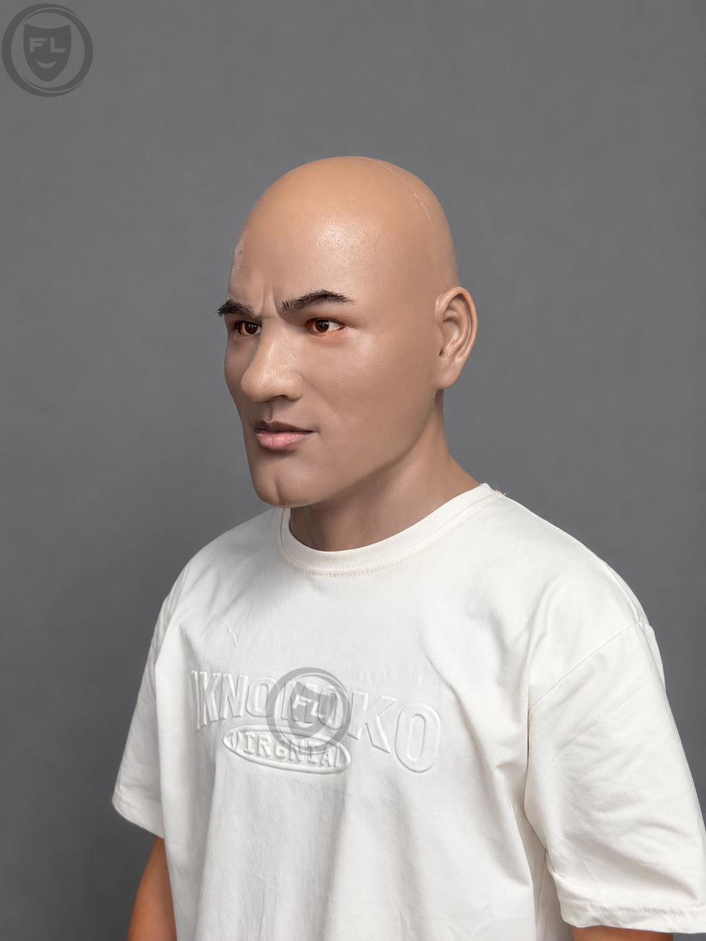bald male silicone mask three quarter side view