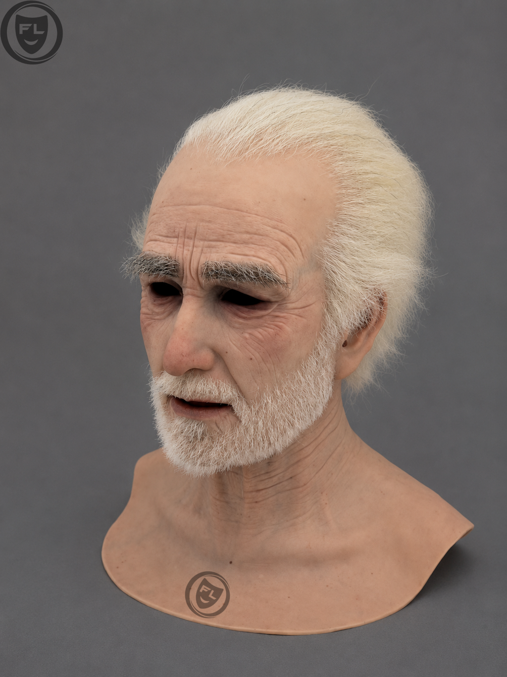 full head silicone mask right side profile with white beard