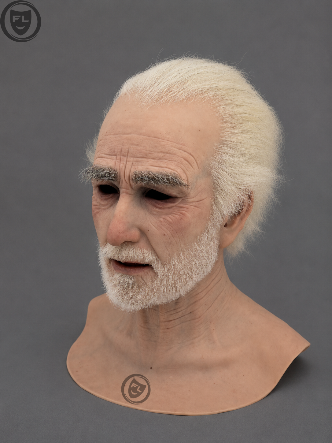 full head silicone mask right side profile with white beard