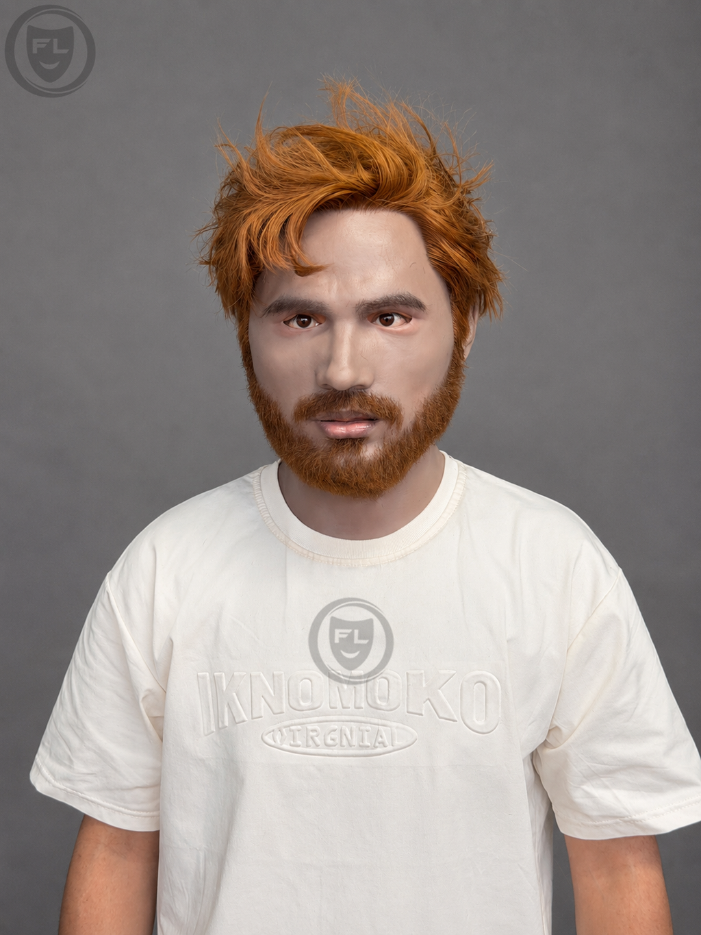 realistic ginger hair silicone mask worn front view