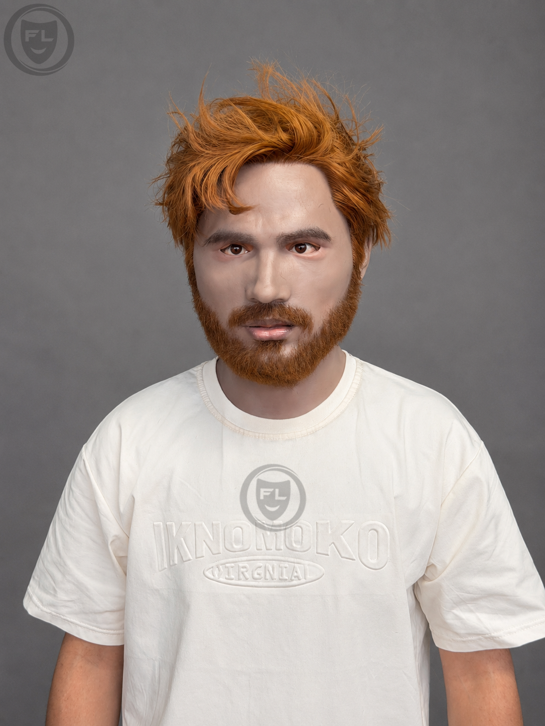 realistic ginger hair silicone mask worn front view