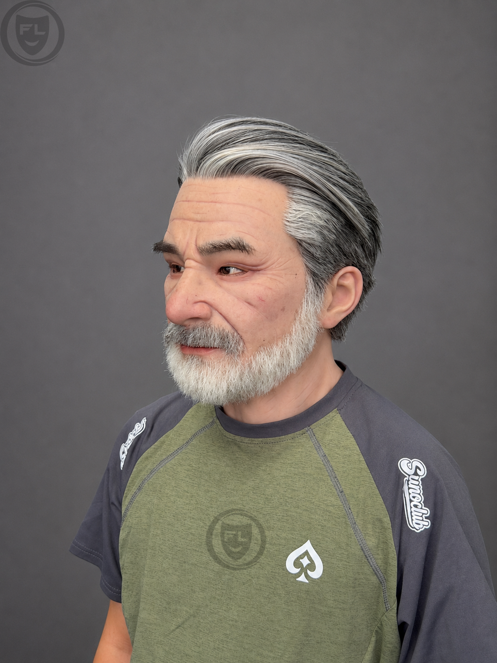 old man silicone mask three quarter side view