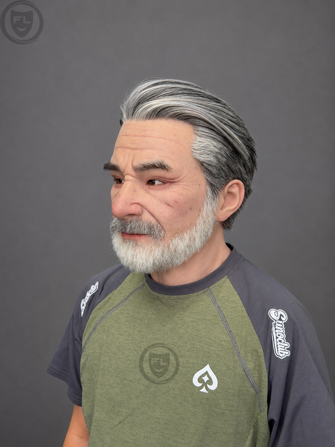 old man silicone mask three quarter side view