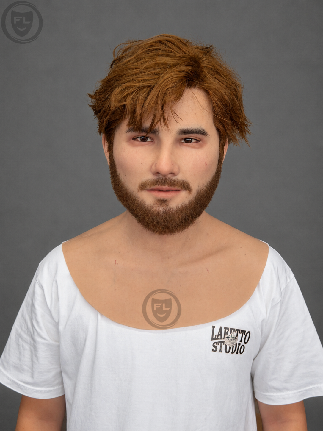 young male silicone mask with brown hair worn front view