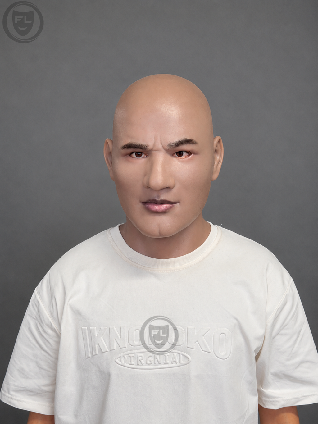 bald male movie prop mask worn front view